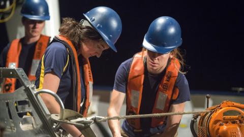 Corps of Exploration members secure ROV Argus to the ships deck
